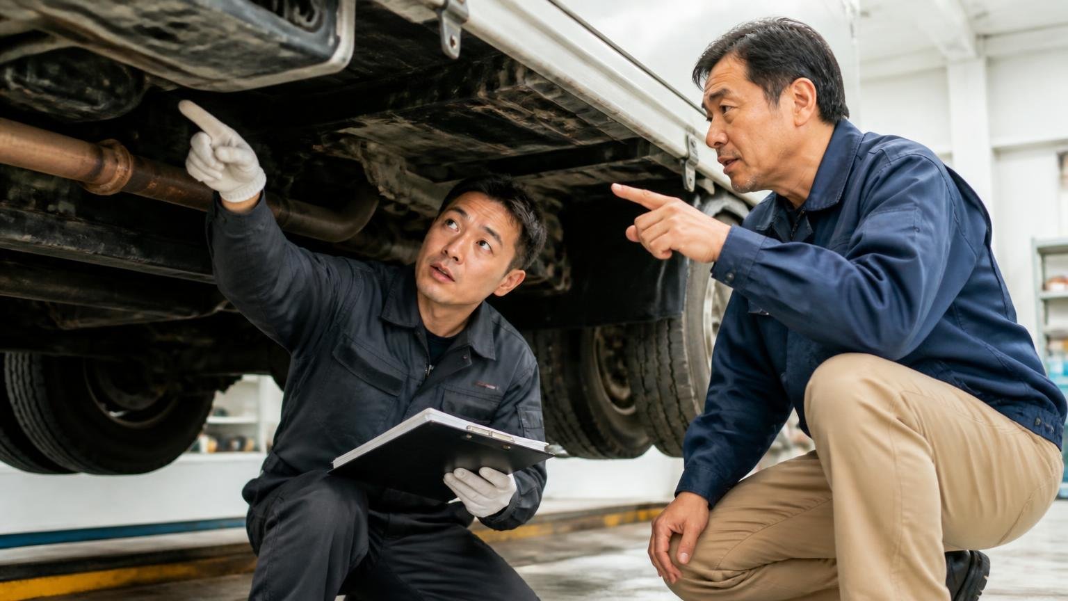 「電話で聞いた金額より下がった」が起きる仕組み、車庫でトラックの下回りを覗き込む査定の場面、男性2人、指をさして説明し合う