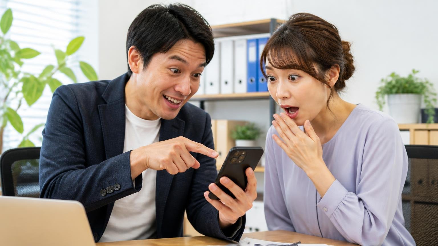 お客様の声4件を読み直す。事務所の机でスマホの口コミ画面を指さす男性と、驚いた表情の女性