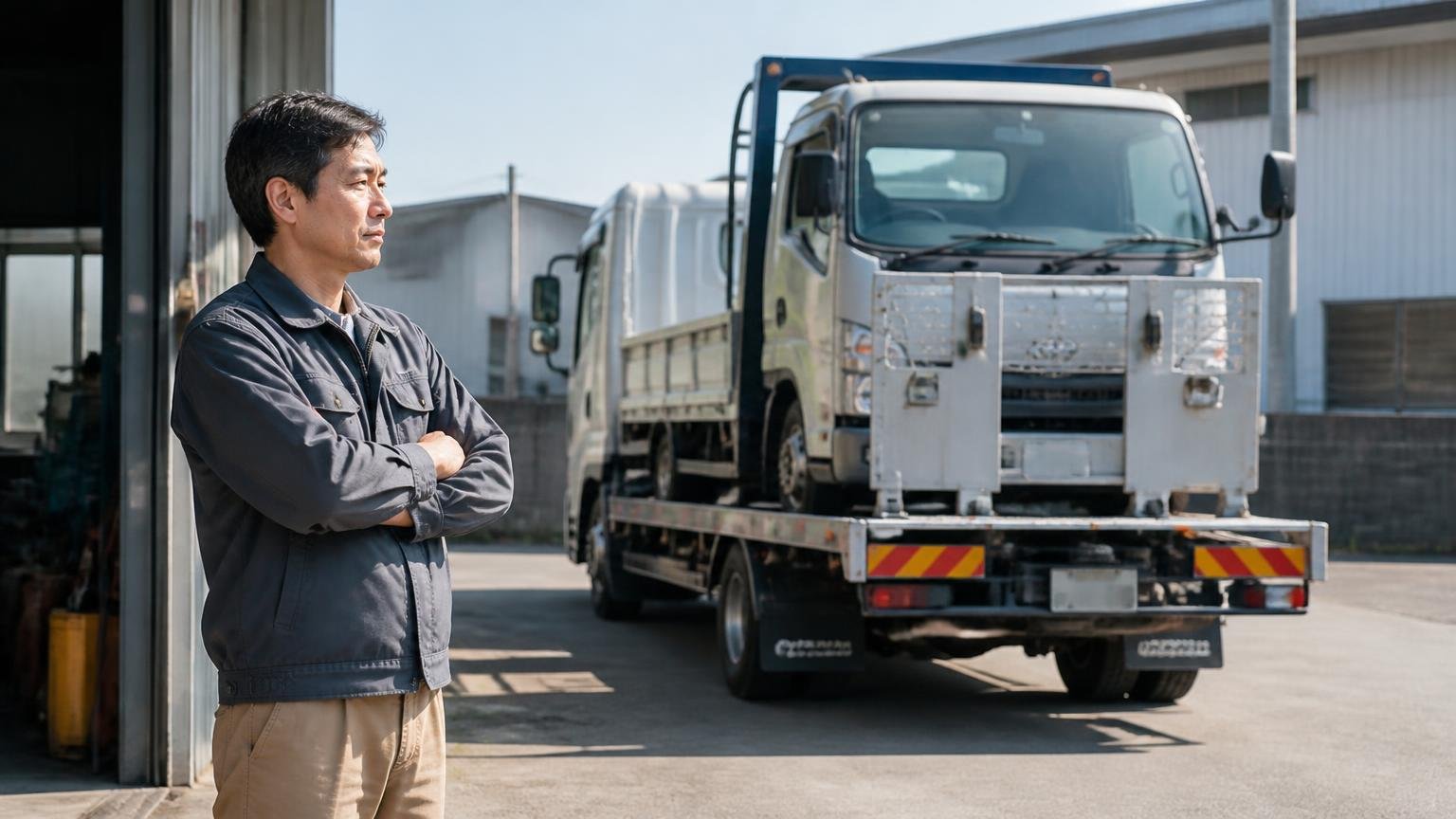 数少ない「売った側」の声 積車に載せられていくトラックを車庫の前で見送る男性1人が腕を組む