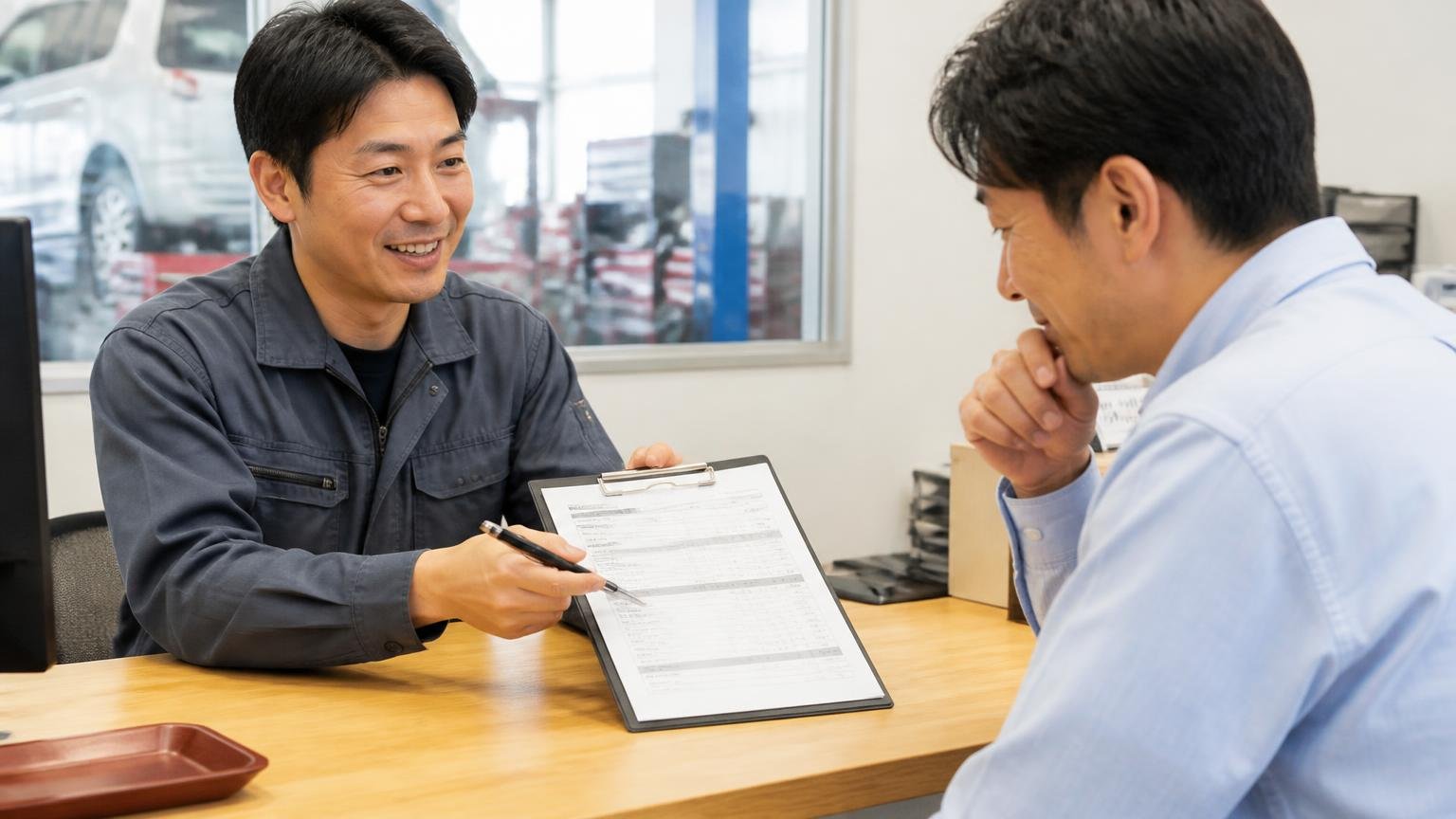 良い口コミ「明朗会計」の中身。整備工場のカウンターで見積書を指しながら説明する男性2人