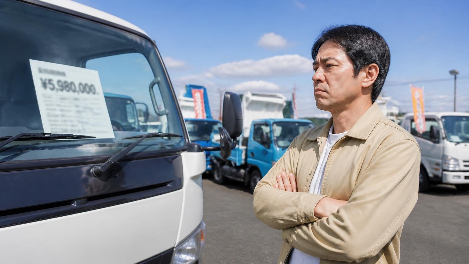 「値段が高い」という声はただし買う側の不満 展示場でトラックの値札を見て腕を組む男性1人が渋い表情