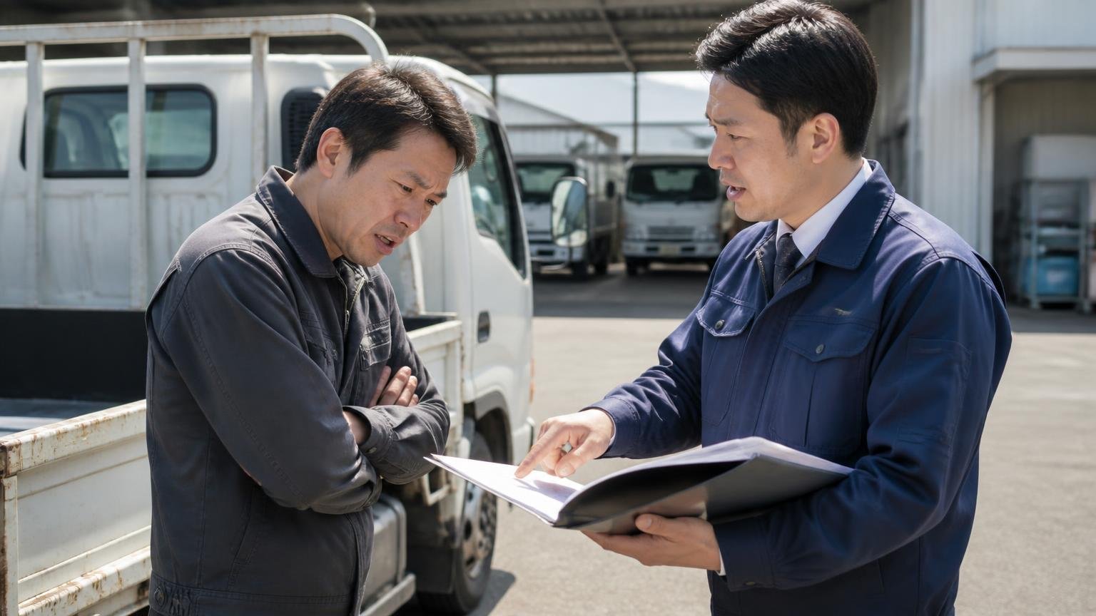 電話で聞いた金額と違ったが起きる本当の理由 車庫でトラックの荷台まわりを確認する屋外 査定士と依頼者の男性2人 書類を手に説明する