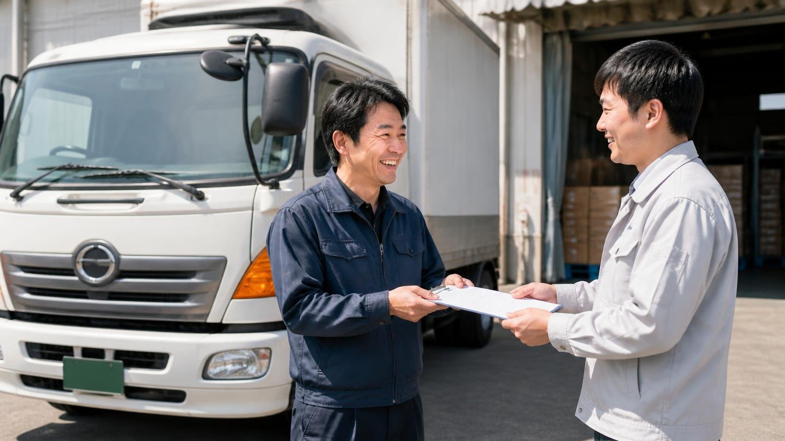 公式のお客様の声。倉庫前に停めた日野の中型トラック横で書類を受け取り笑顔の男性2人