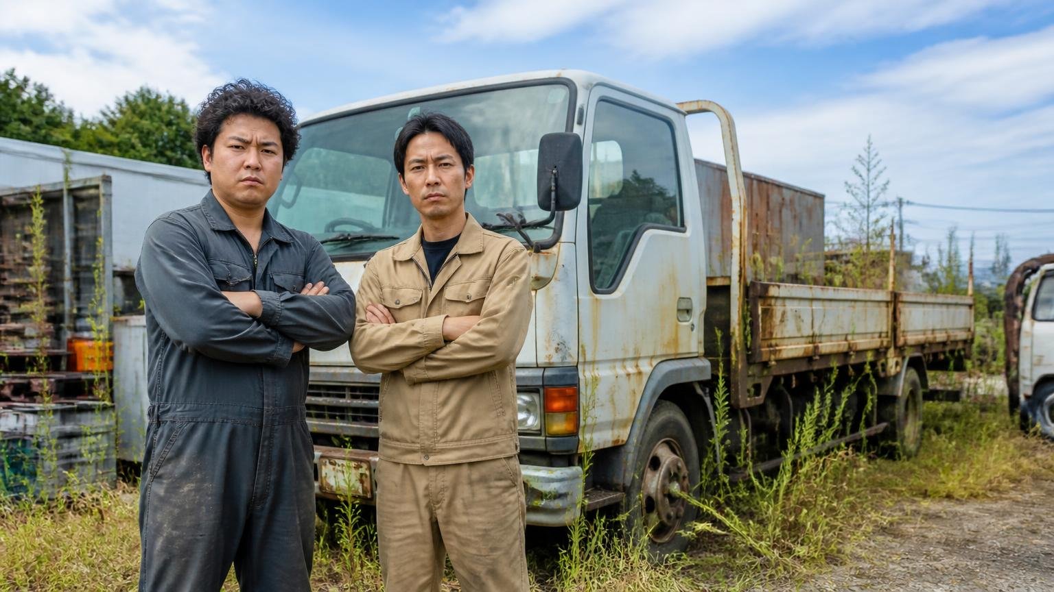 低年式や過走行や不動車の扱い、草の生えた資材置き場に長く停まった古い平ボディの前で男性2人が腕を組む