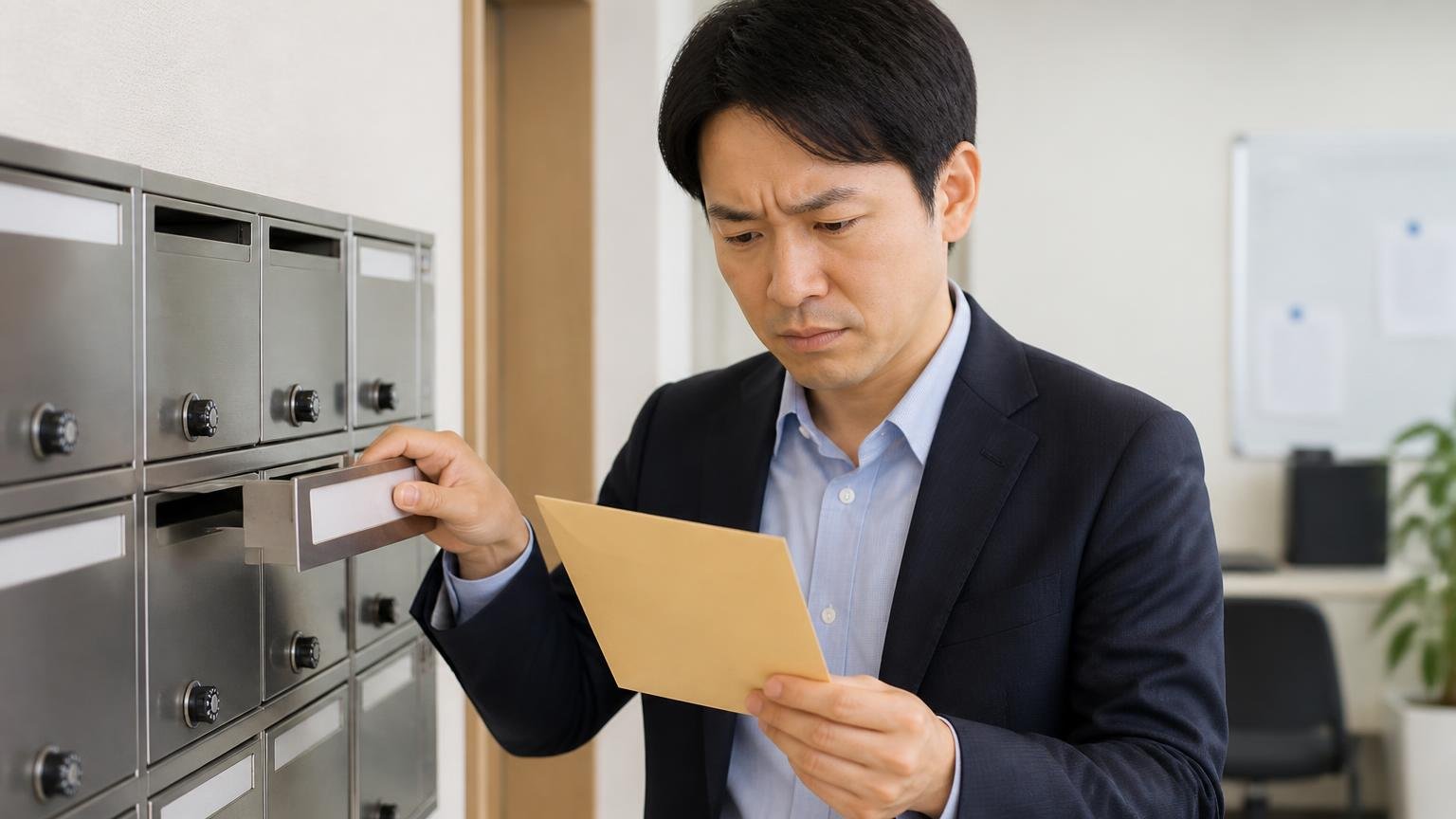 唯一の★1の中身は買取金額の話ではなかった 事務所の郵便受けから封筒を取り出す場面 男性1人 眉をひそめた表情