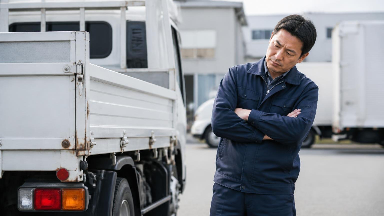 唯一の★1に書かれていないこと。屋外でトラックの荷台まわりを確認する場面。40代男性が腕を組んで首をかしげる