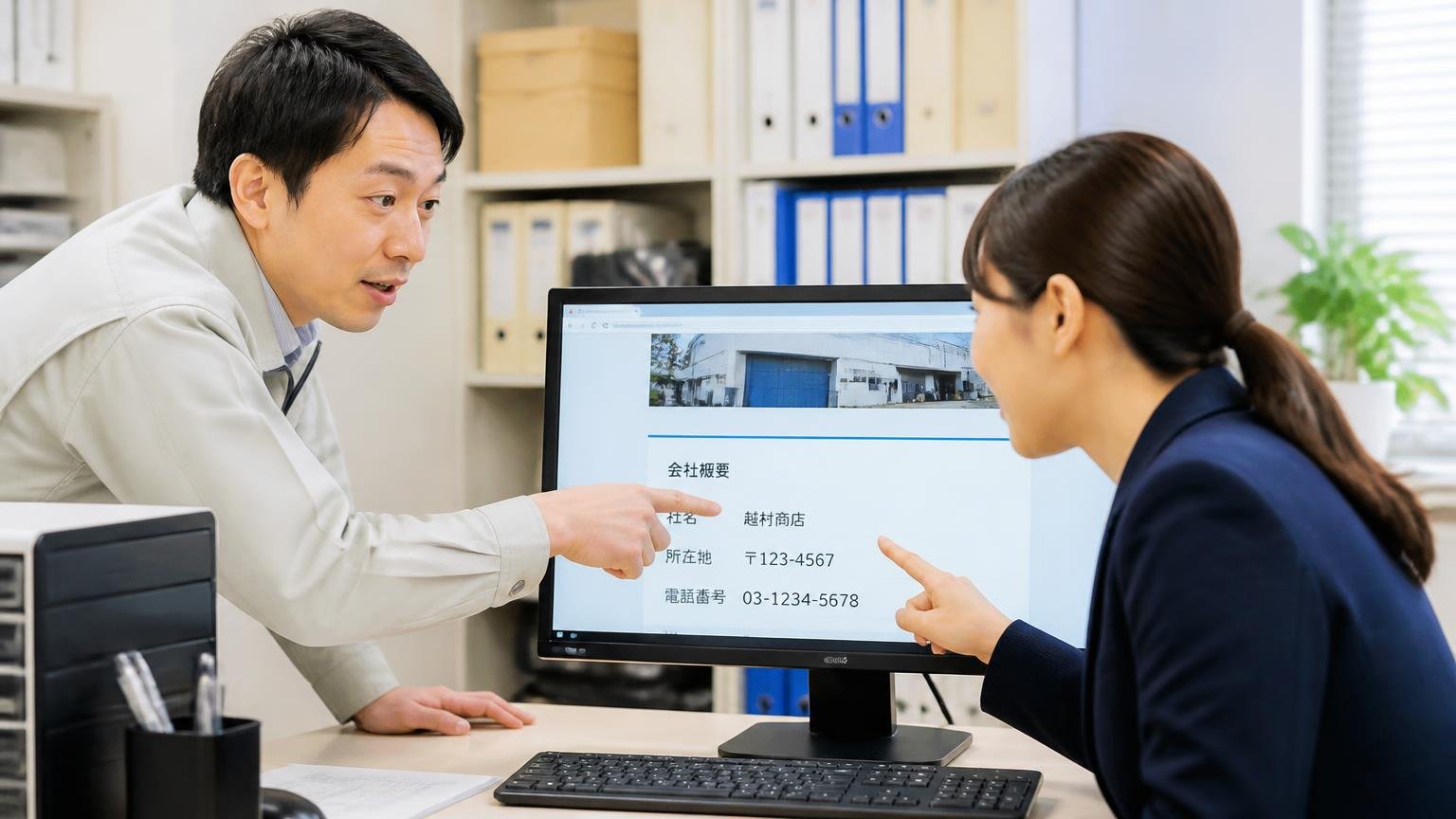 越村商店の会社概要を確認する 事務所のパソコンで会社概要のページを開き所在地と電話番号を指さす男性1人と女性1人