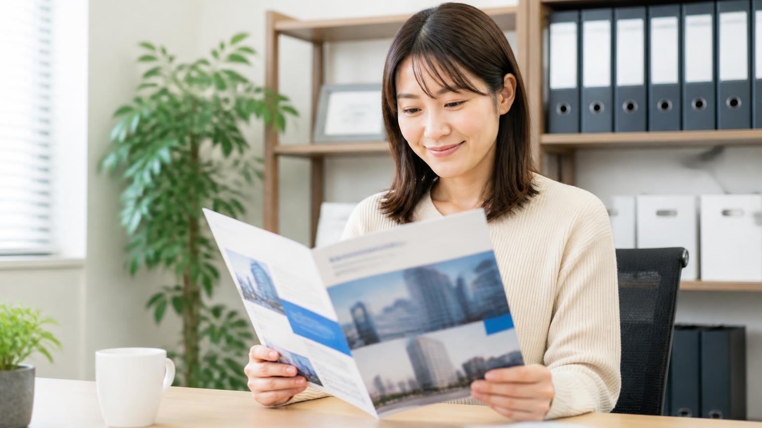 設立は昭和58年12月で代表者名も古物商許可番号も公開されている。事務所で会社案内を読む女性1人が安心した表情
