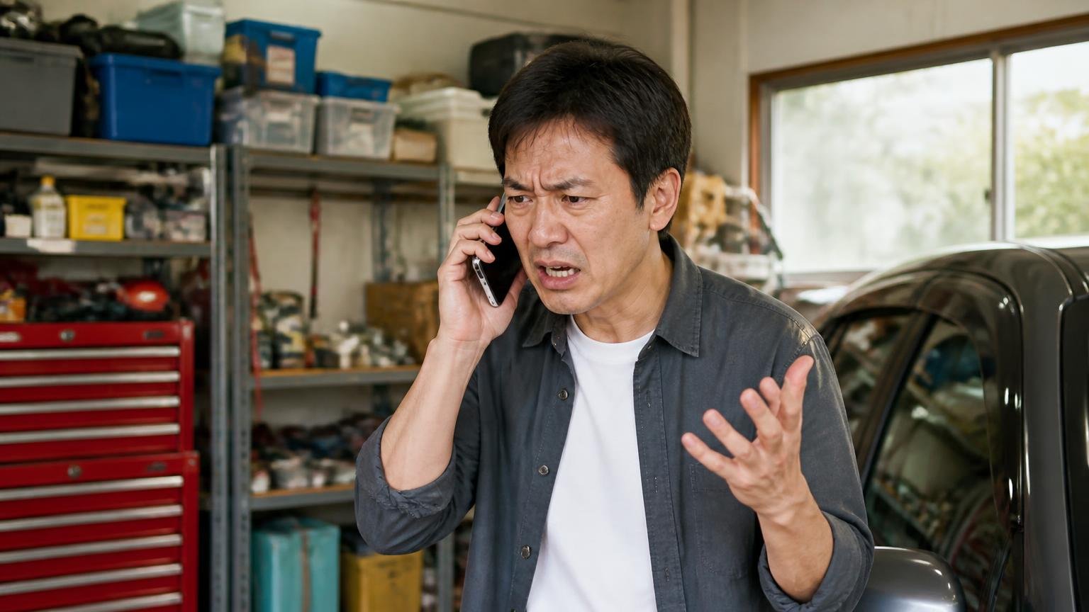 唯一の星1は電話がつながらない不満 車庫でスマホを耳に当てる男性1人 いらだつ表情
