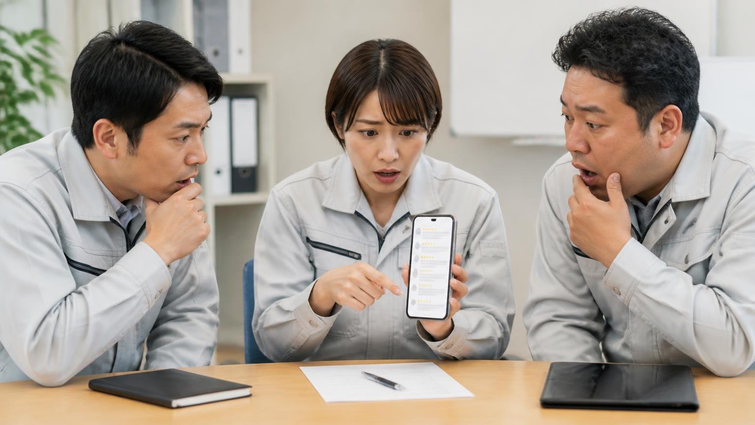 口コミの星の数は売った人・買った人・働いていた人で意味が変わる 事務所のテーブルでスマホの口コミ画面を指さしながら話し合う運送会社の男女3人