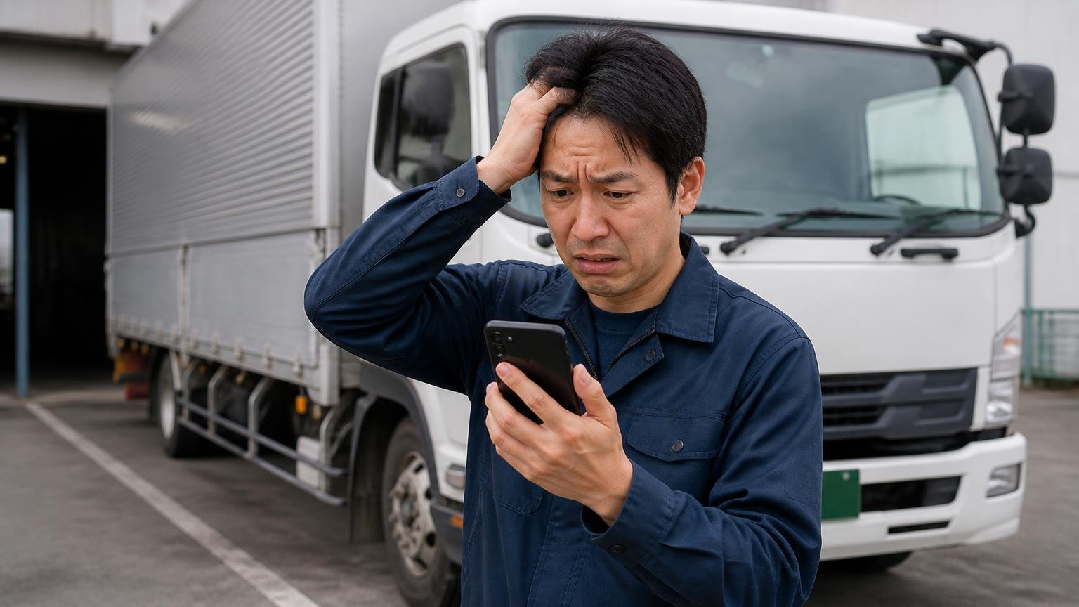「登録に必要な書類が約2か月届かなかった」という声 営業所の車庫に停めたトラックの前でスマホを握りしめ困った顔の男性1人