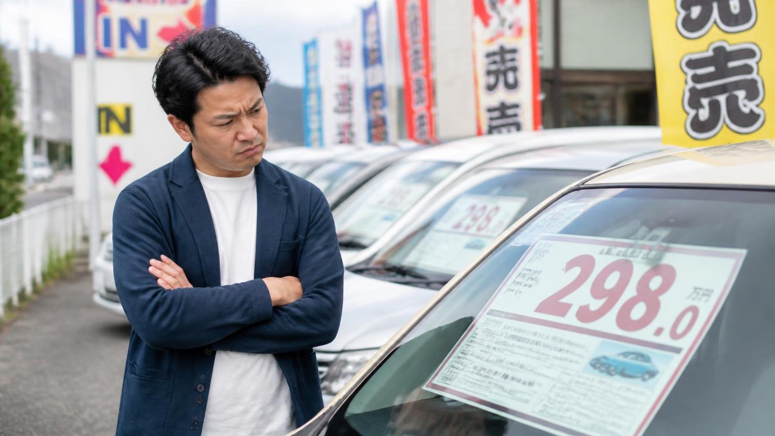 Googleマップの★1は「割高」「上から目線」という販売への不満(中古車展示場で値札を見た男性客が眉をひそめて腕を組む)