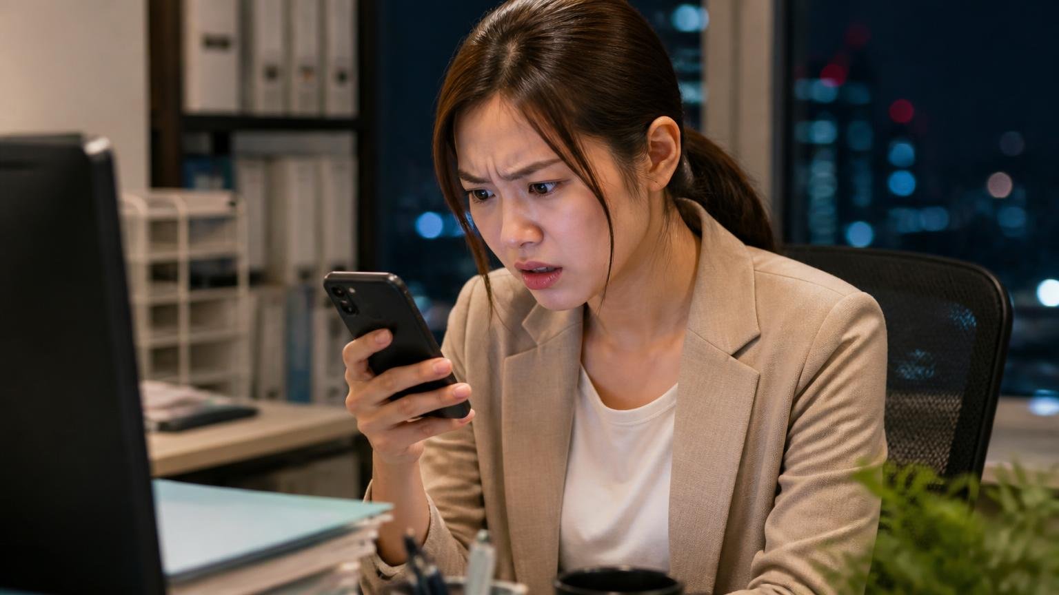 Googleマップの★1「対応悪い」は何への不満だったのか、夜の事務所でスマホの★1レビューを険しい顔で見つめる30代女性1人