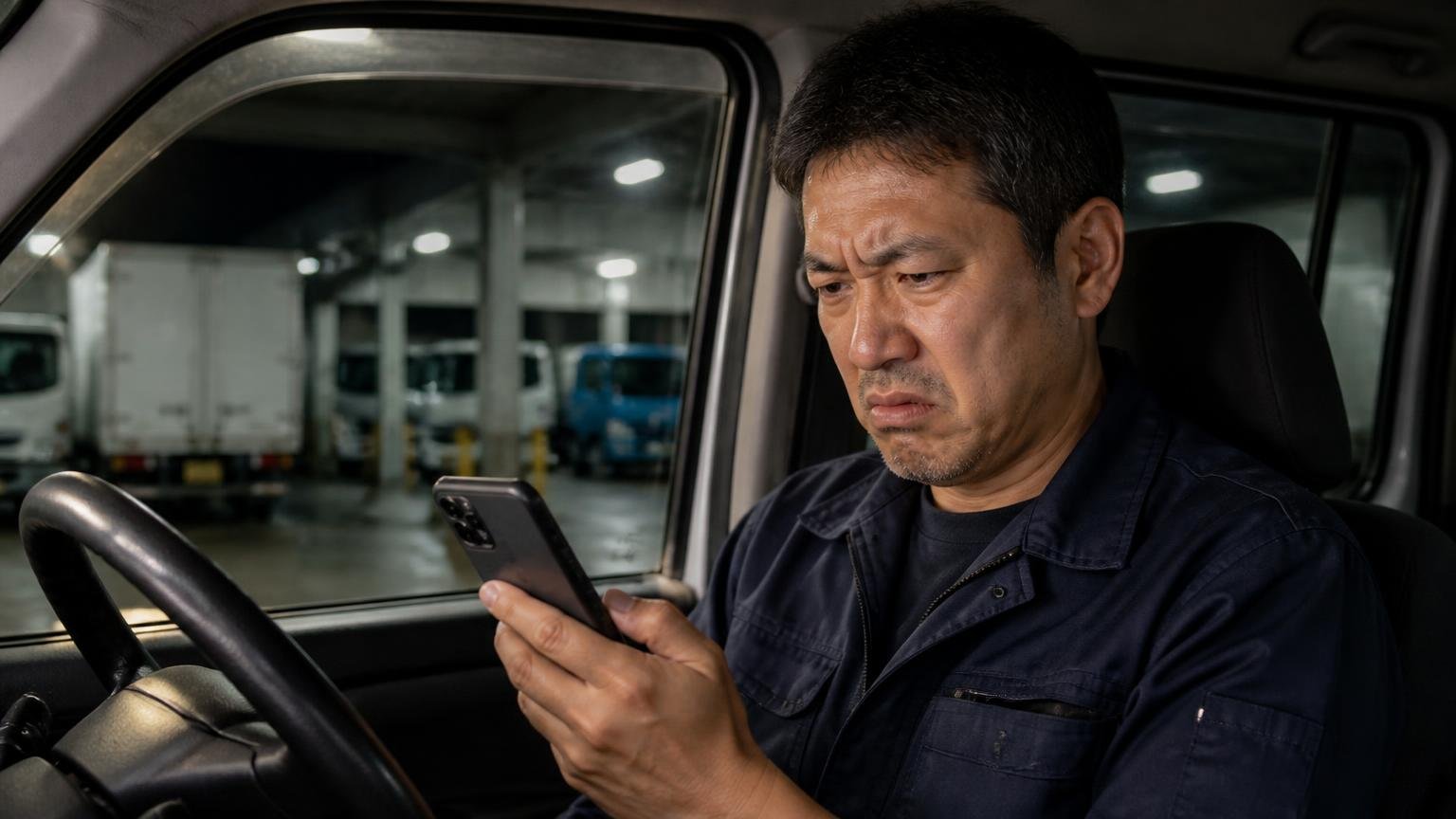 地図アプリの口コミは★1.6、17件中14件が★1(夜の車庫の運転席で、スマホの画面を見つめて顔をしかめる40代男性ドライバー)
