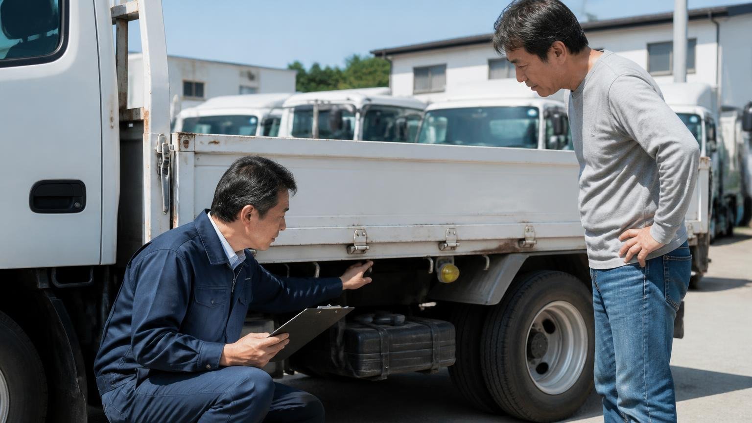 口コミが語るのは「対応」、査定額を左右するのは「売り先と得意分野」、トラックの荷台まわりを査定員が確認し持ち主が見守る屋外、2人