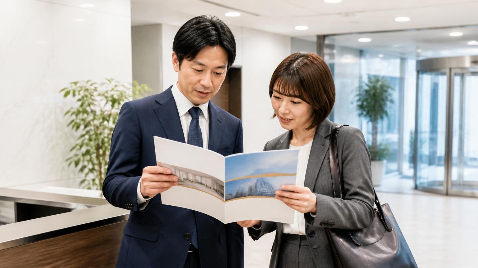 設立2004年・社員40名・古物商の許可は神奈川・埼玉・千葉の3県 オフィスビルの受付で会社案内のパンフレットを確認するスーツ姿の男女2人