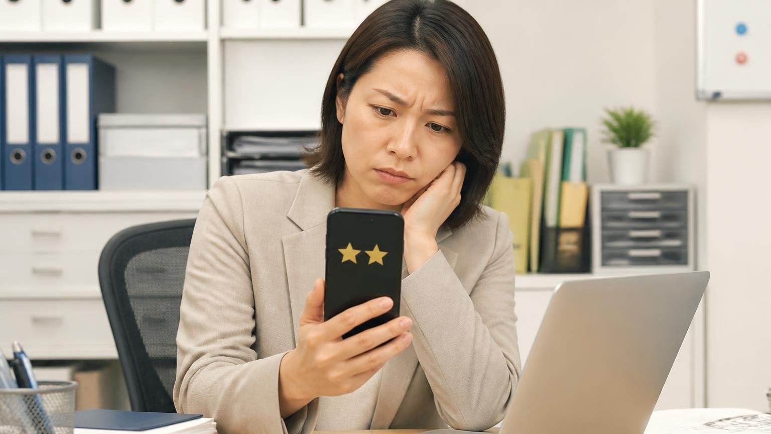 理由の書かれていない★2と、アフター3点をどう読むか、事務所の机でスマホに表示された星2つの評価をじっと見つめて眉をひそめる女性1人