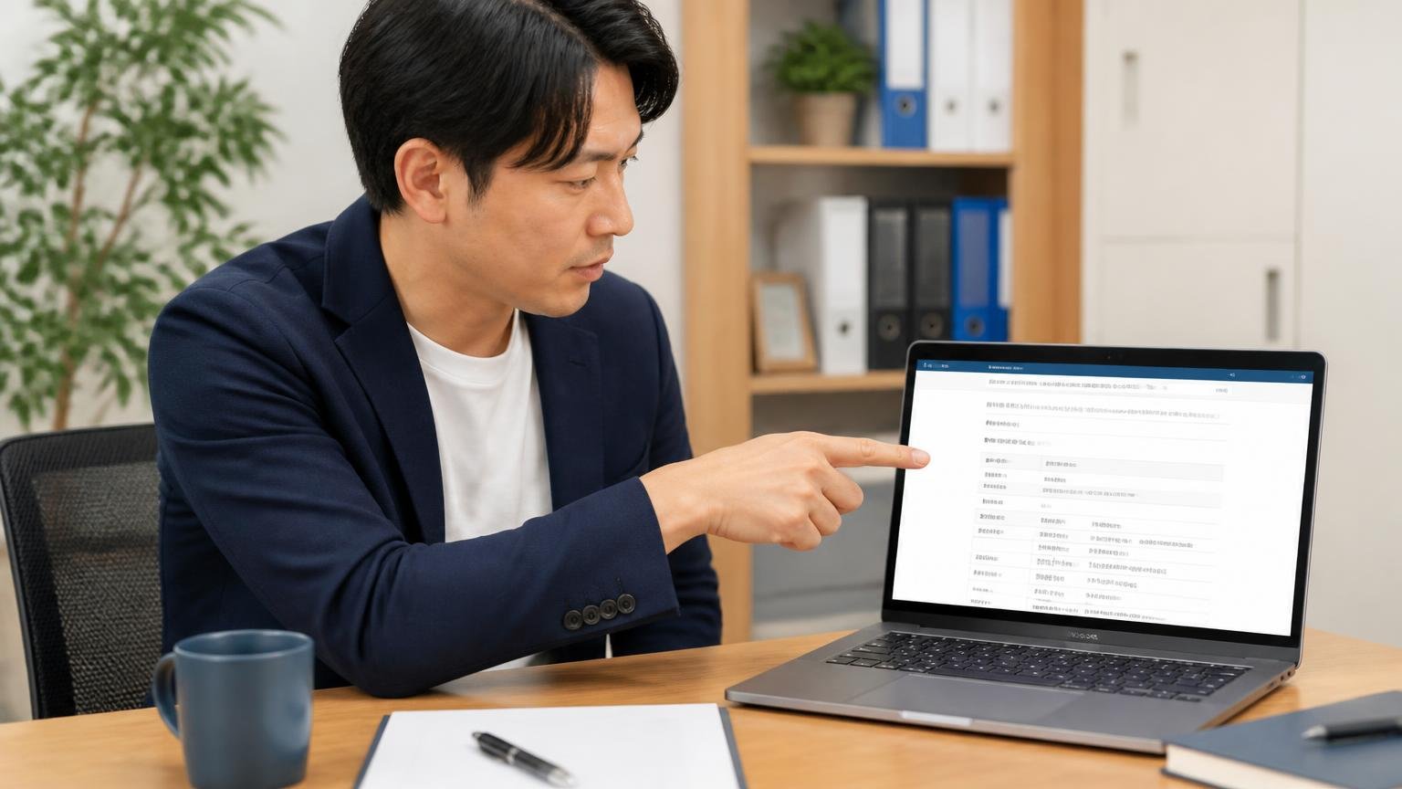 古物商許可と会社規模を公開情報で確認する場面 事務所でノートパソコンの会社概要ページを指さす男性1人
