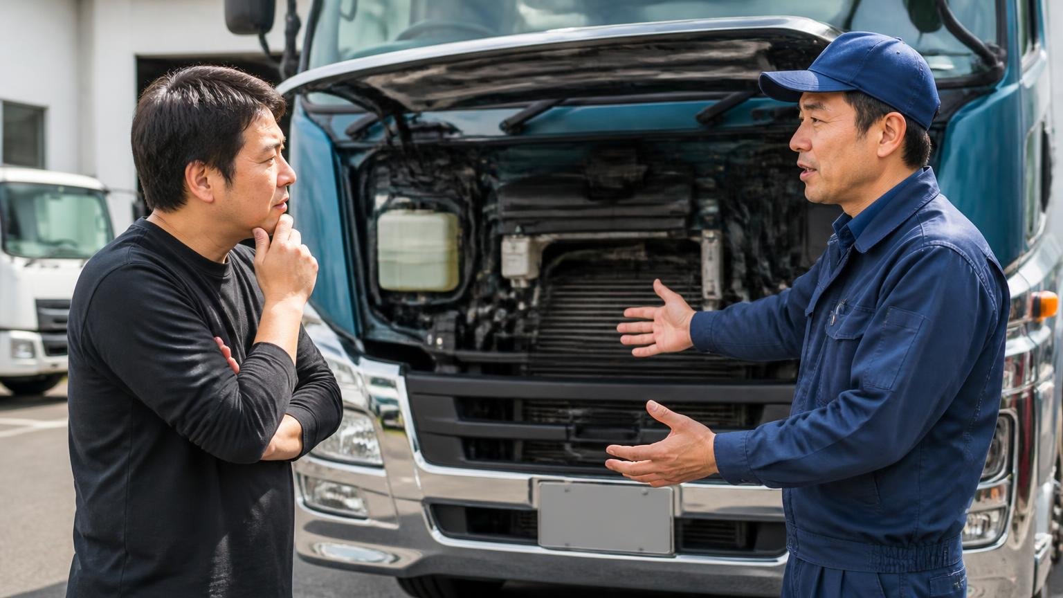 接客4点アフター0点。納車後のトラックの前で整備の説明を求める男性と応対する男性が向き合う