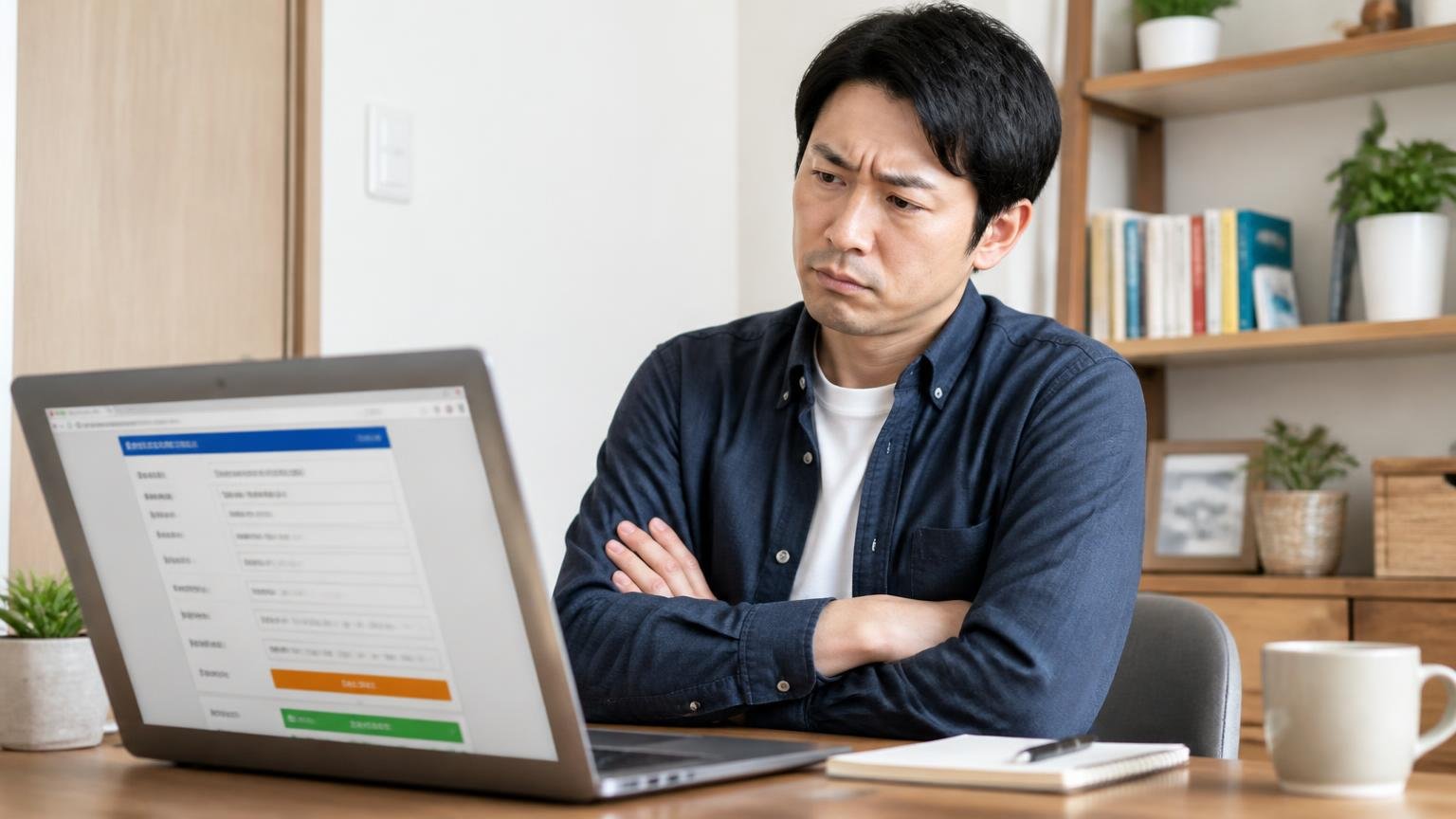 一括査定サイトは悪ではないが電話の準備は必要｜自宅の机でパソコンの査定申込画面を前に腕を組んで考える男性