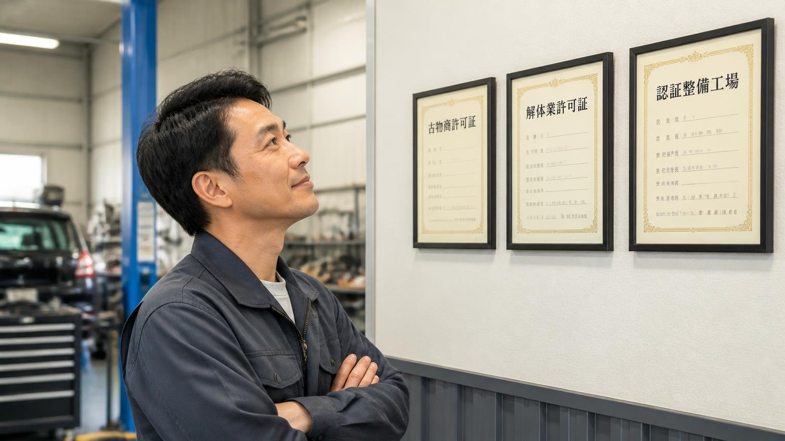 古物商許可・解体業許可・認証整備工場という3つの物差し。整備工場の壁の許可証を見上げる作業着の男性が納得した表情の場面