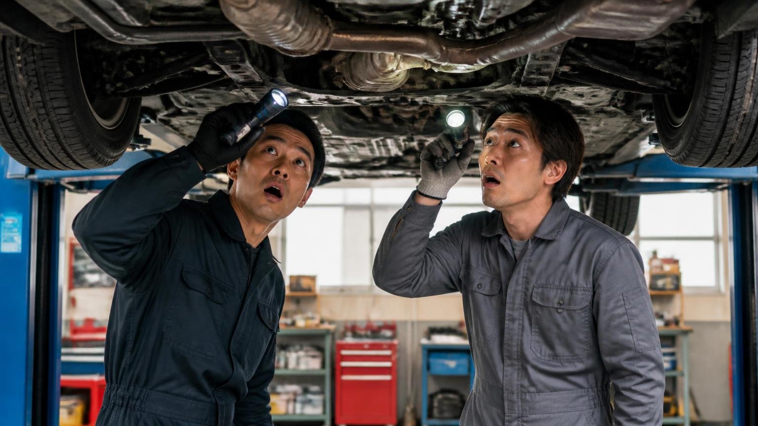 外観は綺麗だったのにという声と下回りの話 整備工場のリフトで車体の下回りを懐中電灯で照らす男性2人