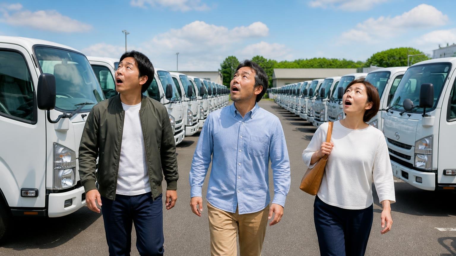 2拠点で掲載66台で主力は2tと3tクラス／2tトラックが並ぶ屋外展示場を歩く3人／見上げて台数の多さに驚く
