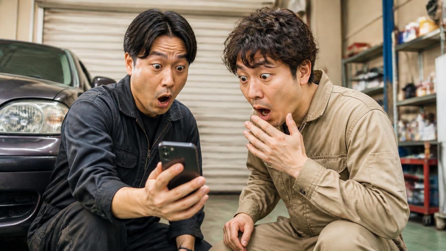 公式サイト自身が書いている注意書き・車庫でLINE画面を見せ合う男性2人が驚く表情