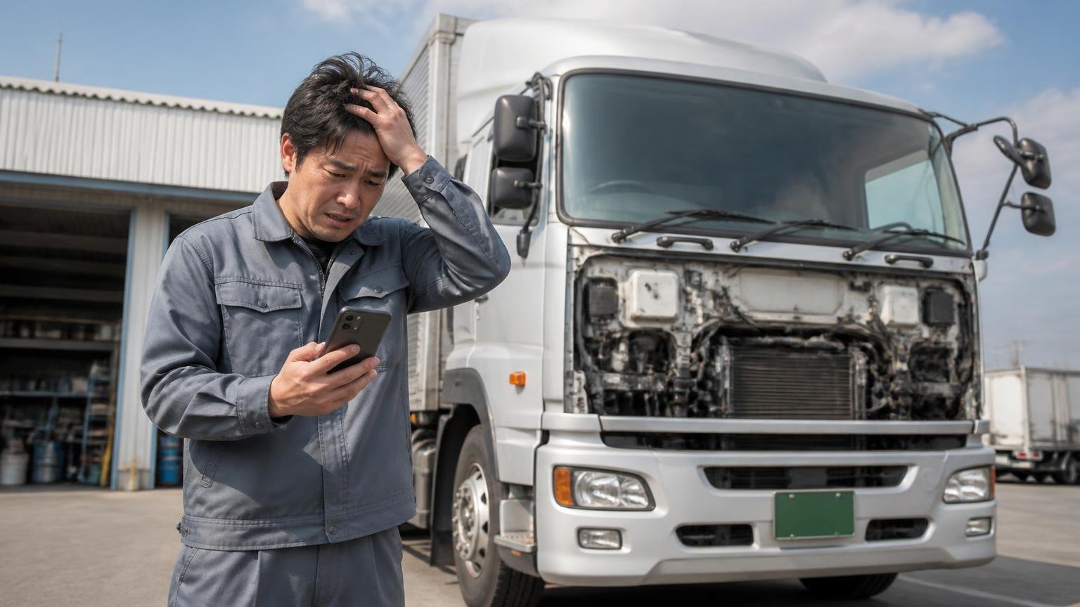 向いていない人:遠方の人、急いで現金化したい人、1社で決めたい人 営業所の車庫で動かないトラックを前に男性1人が地図アプリを見て頭を抱える