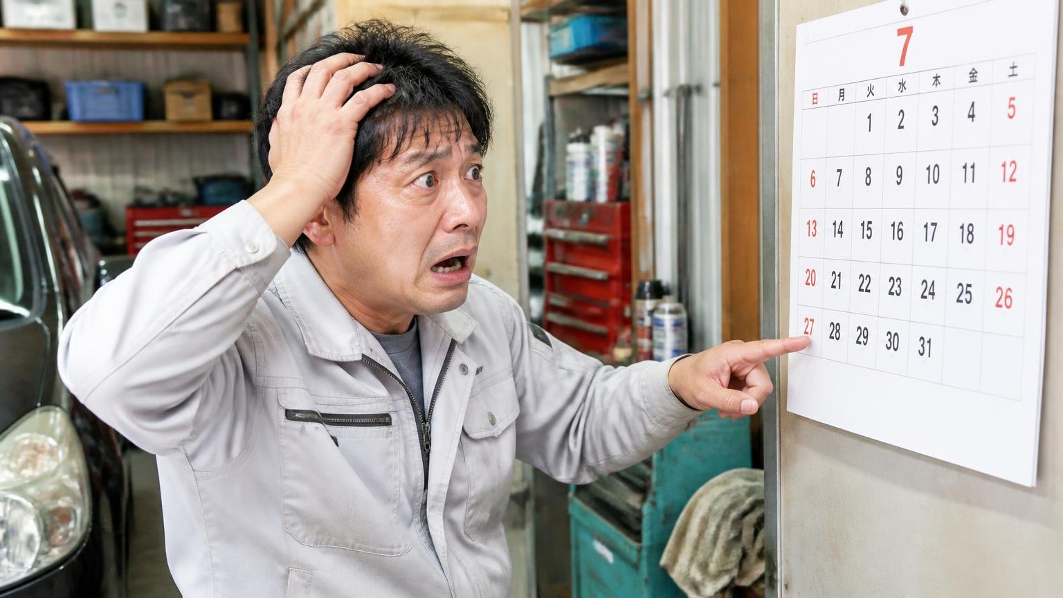 向いていない人:遠方・土日しか動けない・今日中に現金化したい人 日曜の車庫で壁のカレンダーを見て焦る作業着の男性1人