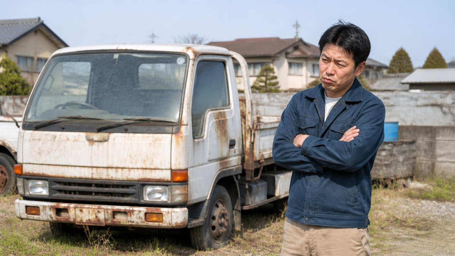 向いていない人：遠方の人、日曜しか動けない人、不動車や低年式を手間なく手放したい人 空き地の動かない古いトラックの前で男性1人が腕を組み困り顔