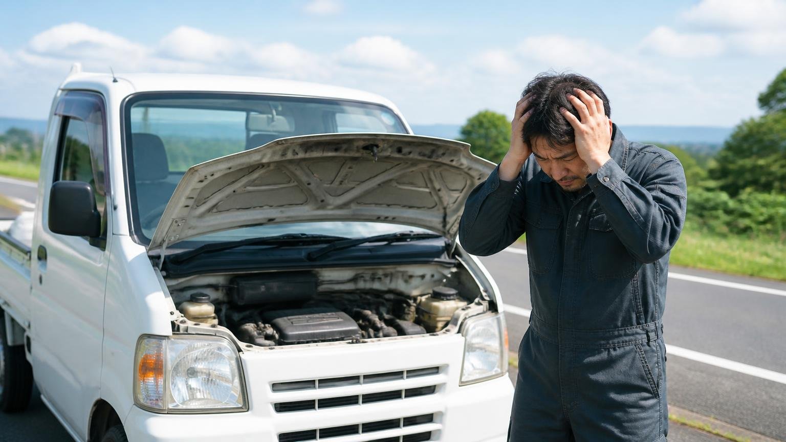 納車後と購入側のトラブル、路肩に停まった軽トラックのボンネットを開けた屋外で男性1人が頭を抱えて立ち尽くす