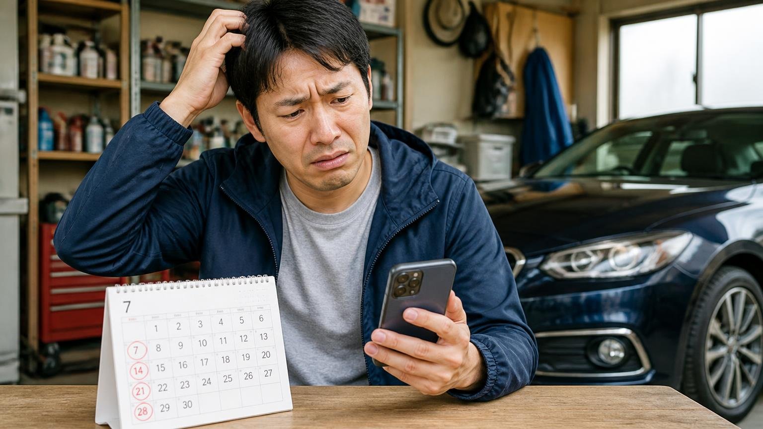 向いていない人:遠方・日祝しか動けない・すぐ相場を知りたい人 日曜の車庫でカレンダーとスマホを見比べる男性1人、困り顔で頭をかく