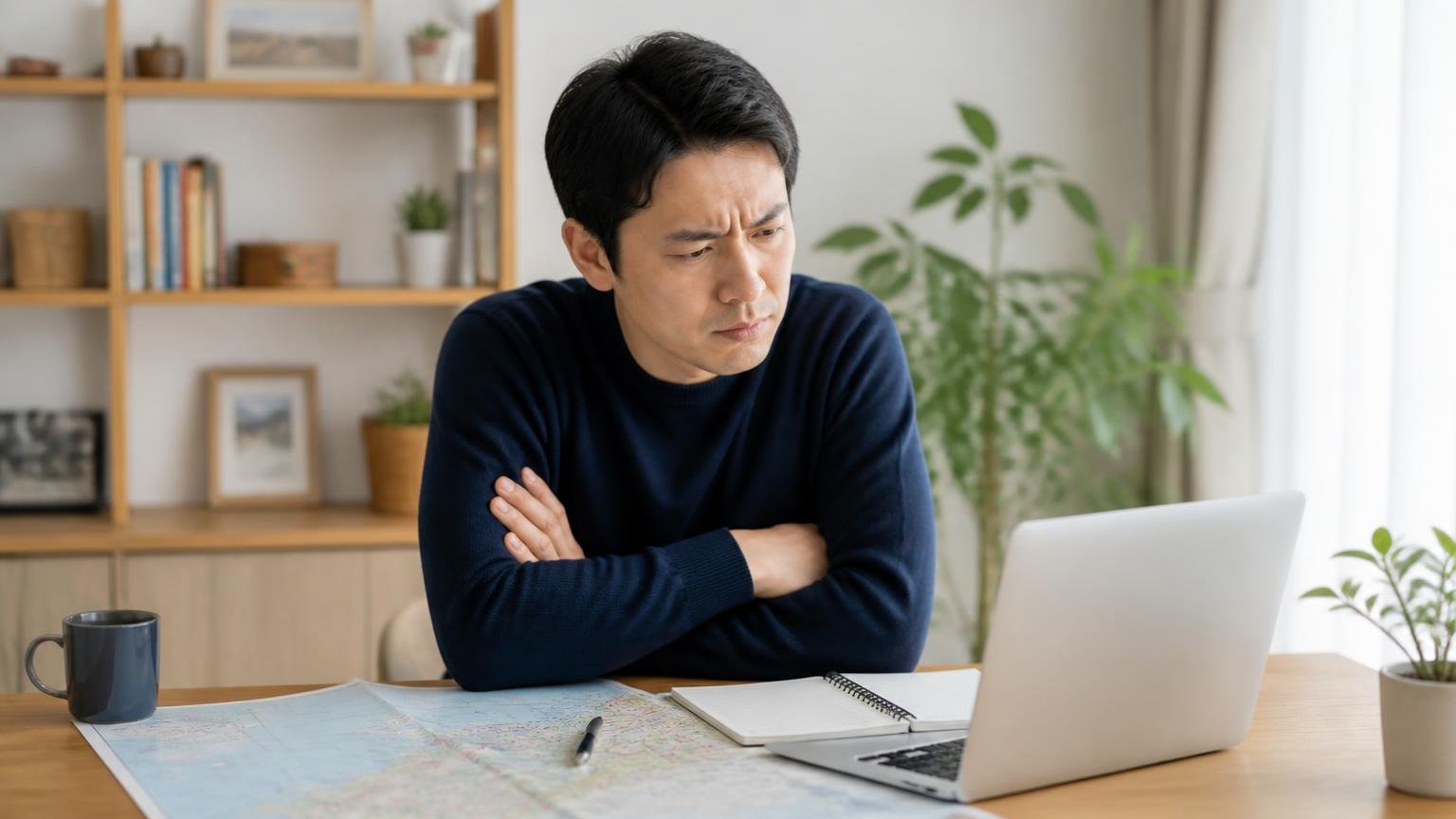 向いていない人|遠方の人、条件を先にWebで知りたい人 自宅の机で地図とノートパソコンを見比べて腕を組む男性1人、悩む表情