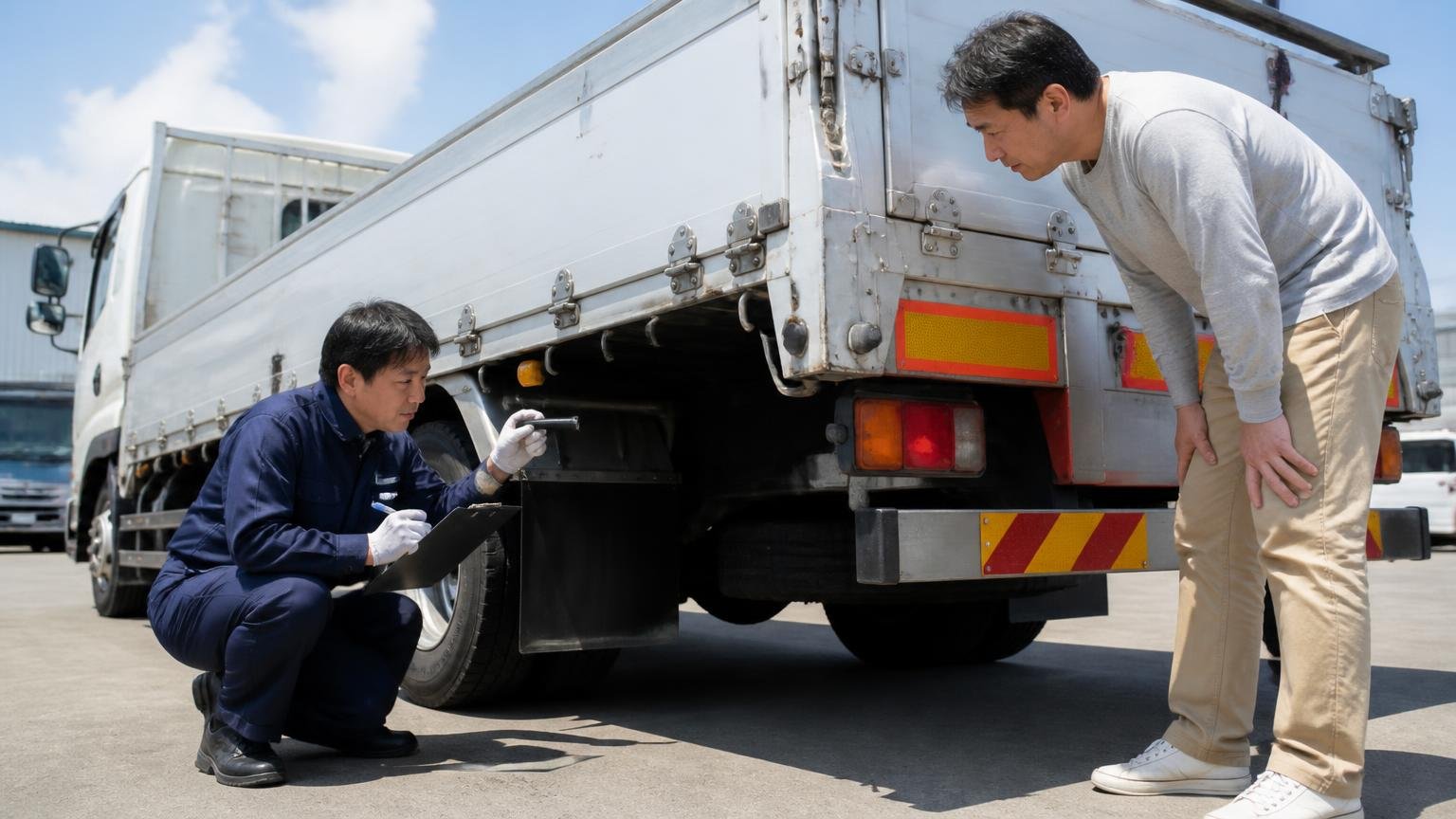 買取の流れ5ステップと、公式サイトに書かれていない4つの確認点 トラックの荷台まわりを確認する査定士と立ち会う男性、合わせて2人
