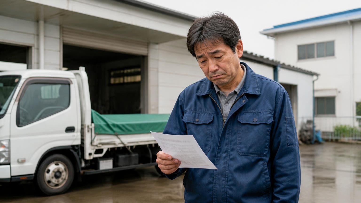パターン2|対応が良かった1社の言い値で決める。営業所の車庫で見積書を手にした中年男性1人が肩を落として立ちつくす