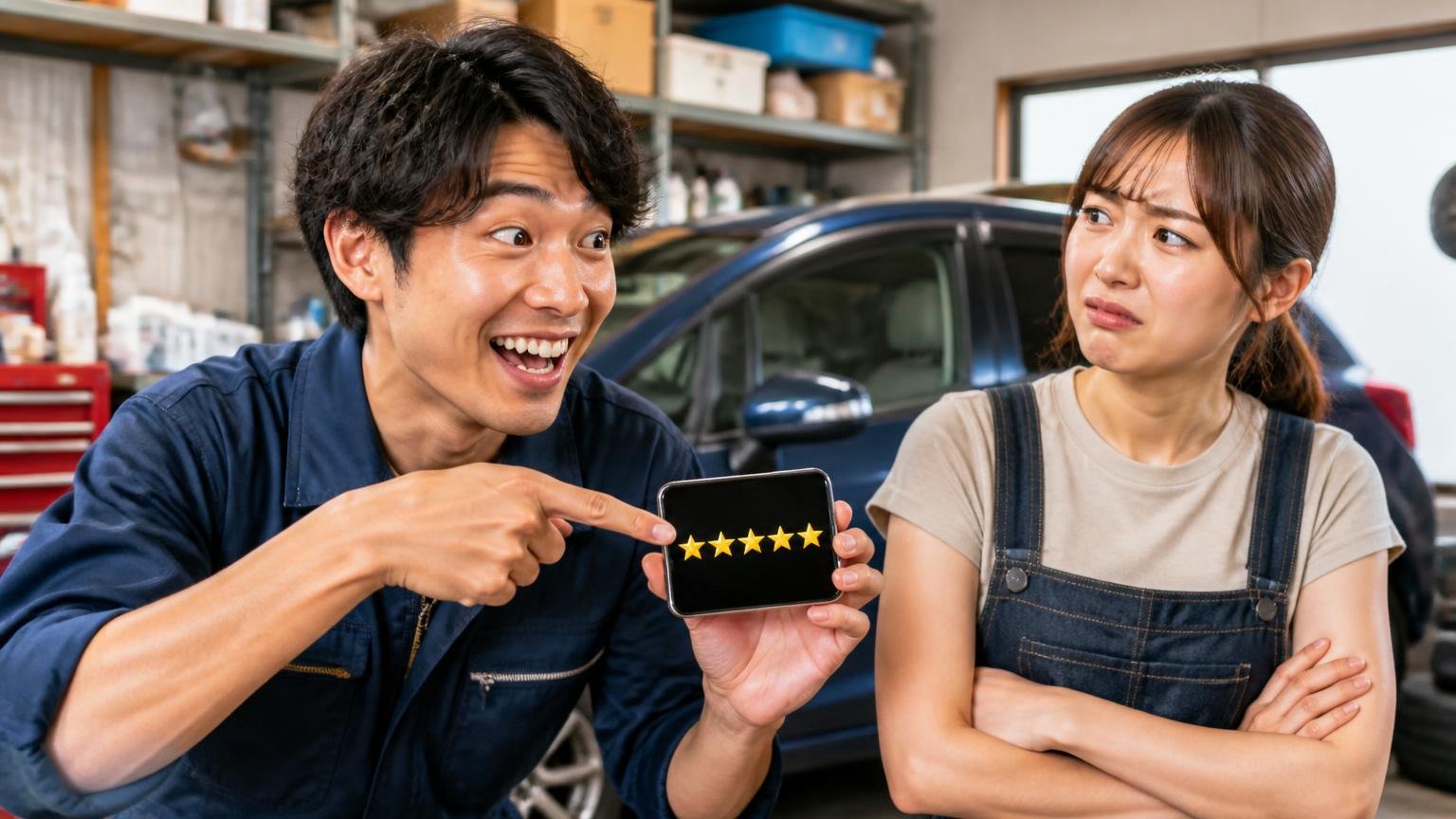 ★の数字を「売る側の評価」だと思い込む 車庫でスマホの星評価を指さし得意げな若い男性1人と、あきれ顔の女性1人