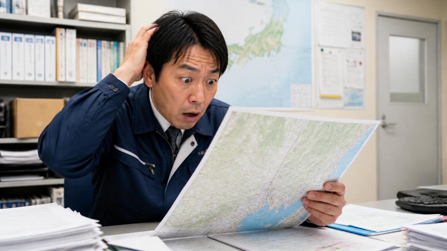 向いていない人｜遠方で出張査定の条件が分からない人、書面で比べたい人、遠方の営業所で地図を見て浜松までの距離に困惑する運送会社の男性1人