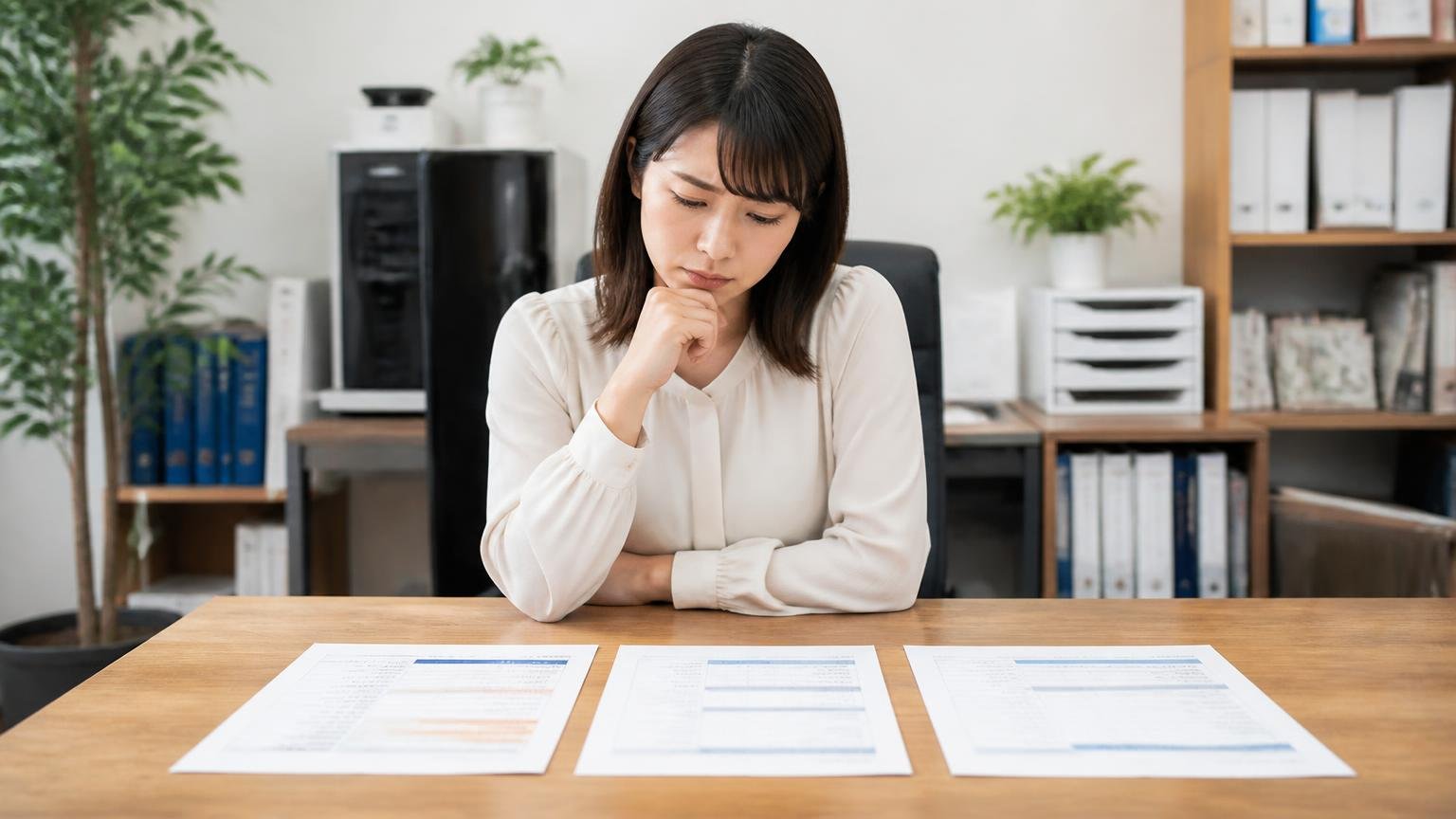 買取の流れ6ステップ|「金額のご提示」と「ご契約」の間に、他社と比べる時間がある、事務所の机で3枚の見積書を並べて見比べる女性1人が真剣な表情