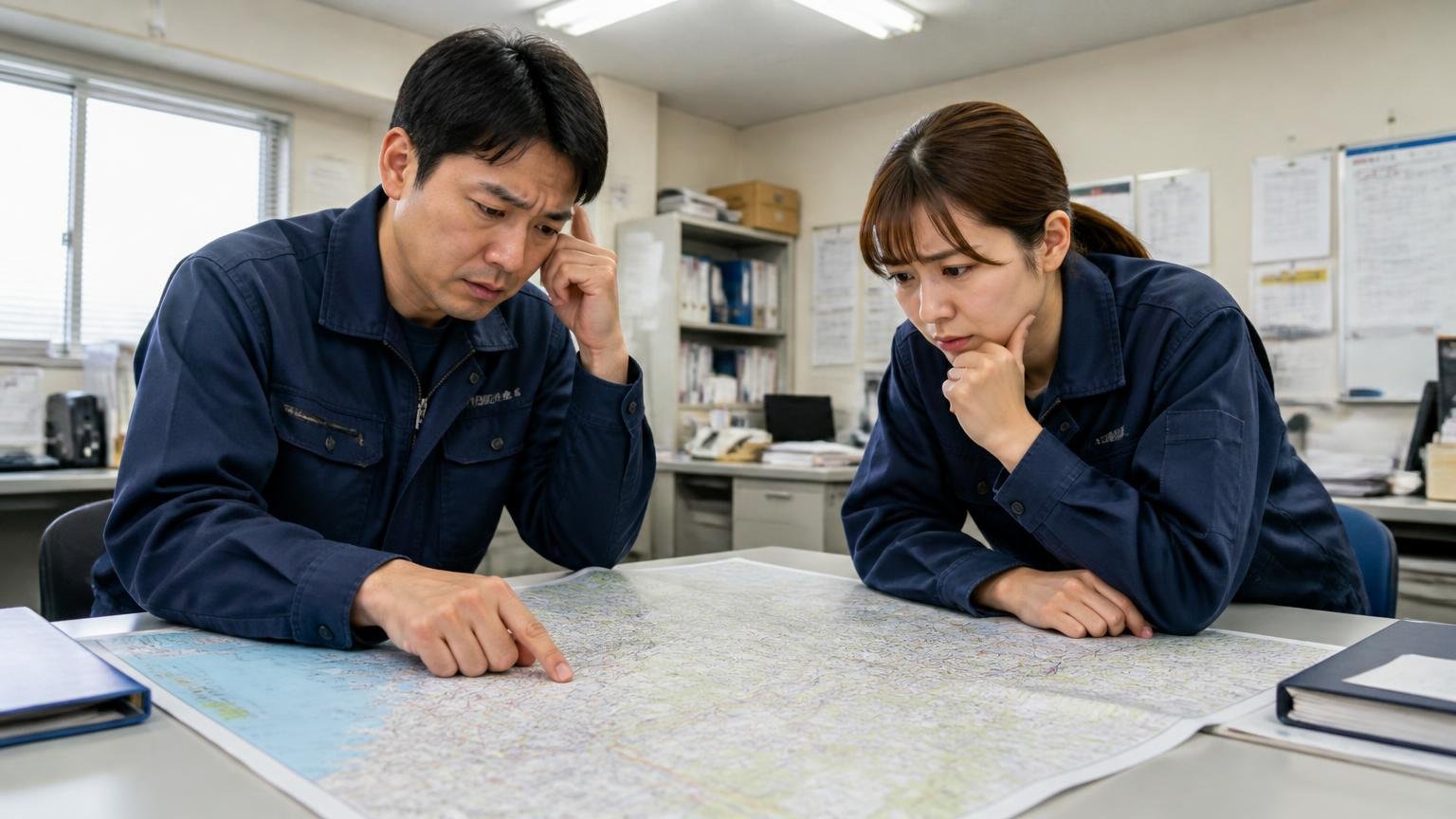 遠方の人や即日現金化を急ぐ人には別の窓口も必要、遠くの県の運送会社の事務所で地図を広げて悩む男女2人