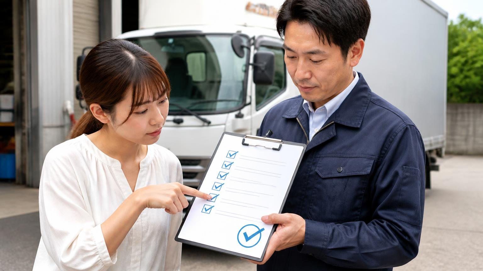 買取の条件と無料と書かれている範囲 車庫のトラック前 男女2人 見積書の無料項目を指さし確認