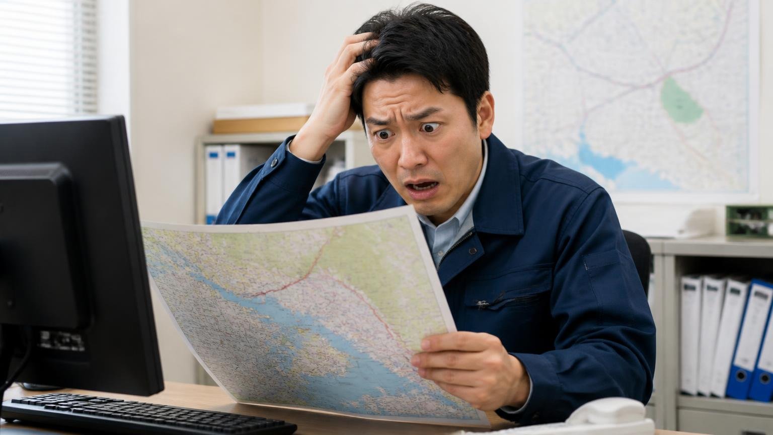 向いていない人|遠方で出張査定の条件が分からない人、書面で比べたい人、遠方の営業所で地図を見て飛島村までの距離に困惑する運送会社の男性1人