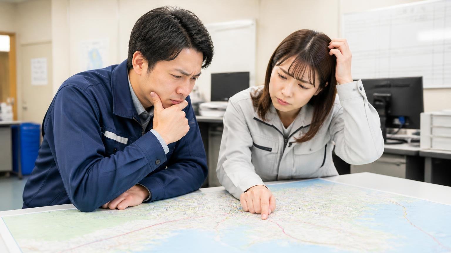 向いていない人｜北陸圏外・口コミの裏付けが欲しい・買取専門店の相場感が欲しい。運送会社の事務所で地図を広げて距離を確認しながら首をかしげる男女2人