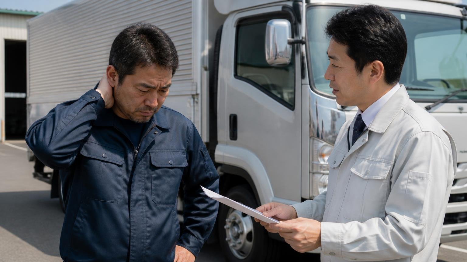 電話で聞いた金額より下がった場面、運送会社の車庫で4tウイングの横に立ち査定書を見て肩を落とす中年男性ドライバー1人と説明する査定士の男性1人