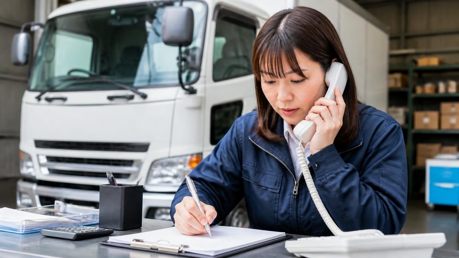 公式サイトに「書いていないこと」は、電話で聞く項目。車庫の4tトラックの前で受話器を持ちメモを取る運送会社の事務担当の女性1人、真剣な表情