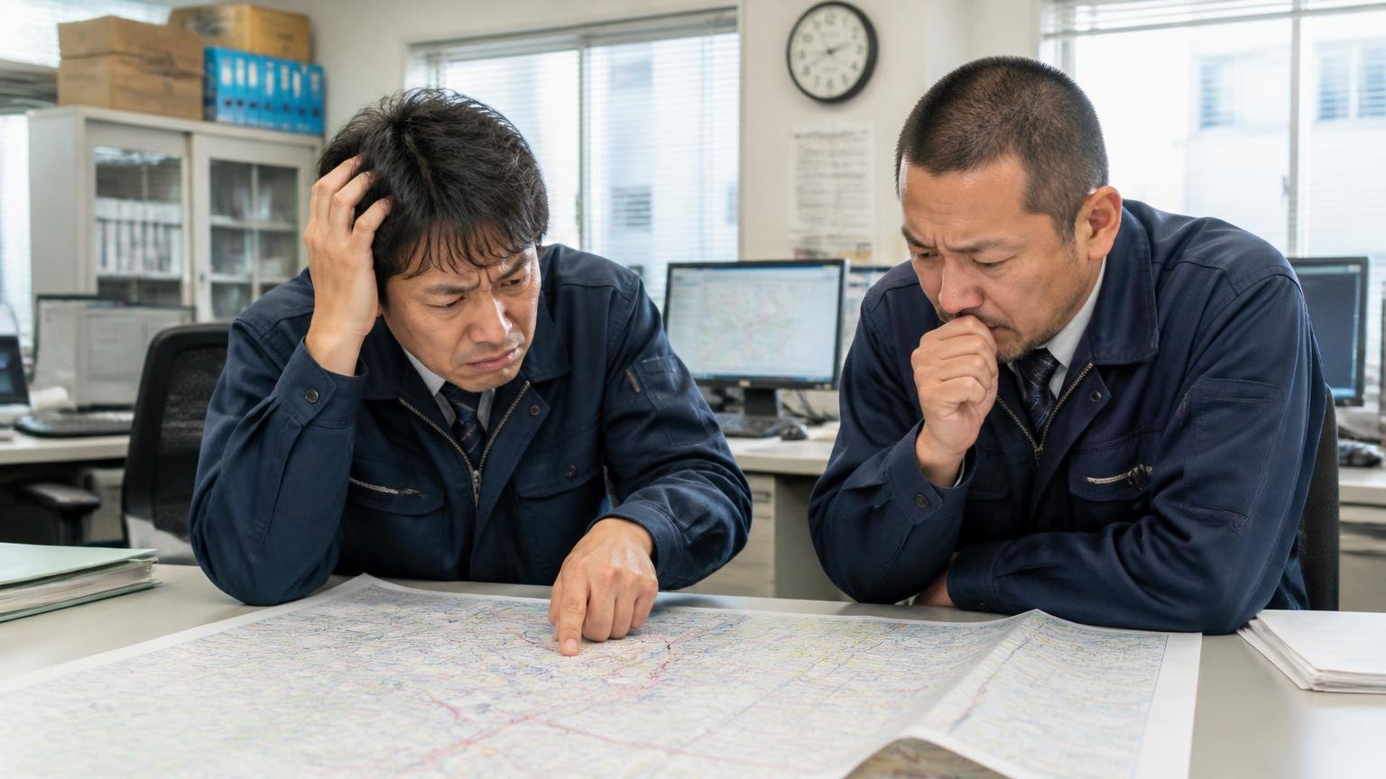 向いていない人｜四国外・全国相場と比べたい・即日現金化を急ぐ・電話1本で済ませたい 都市部の営業所で地図を広げる運送会社の担当者2人が悩む