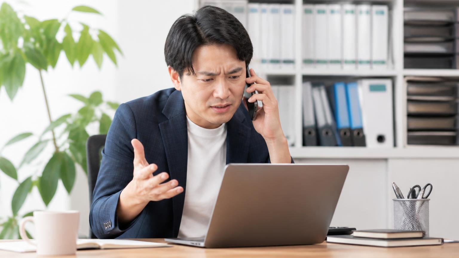 装備や仕様が表示されていない部分が多々|事務所でノートパソコンの在庫掲載画面を見ながら電話で問い合わせる男性1人