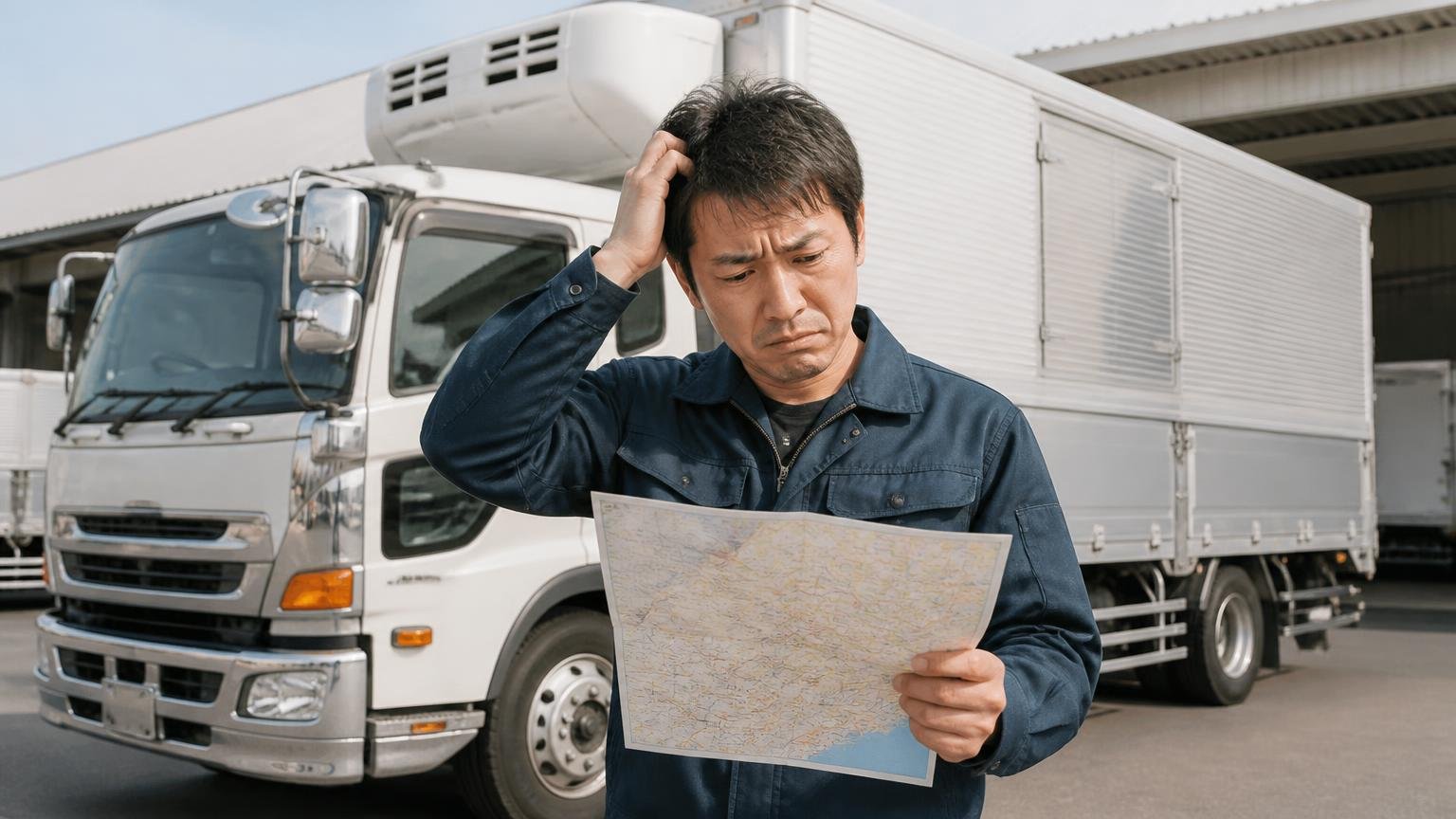 向いていない可能性がある人｜専門外の架装・遠いエリア・急いで現金化したい人。営業所の車庫で冷凍ウイング車の前に立ち、地図を見て困った表情の男性1人