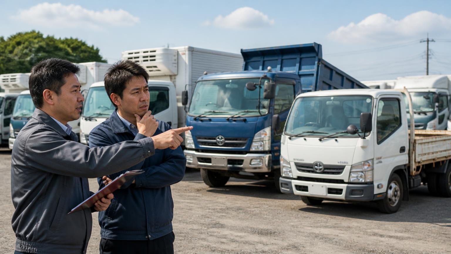 車種・年式・架装・エリアで業者の得意不得意は違う 展示場に並ぶ冷凍車・ダンプ・低年式の平ボディを見比べる買取業者の担当2人が指さして相談する