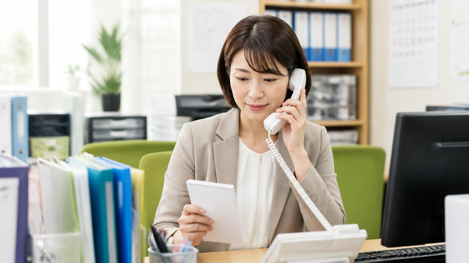 電話がしつこいを先回りで防ぐ伝え方、事務所で女性が受話器を持ちメモを見ながら落ち着いて話す場面